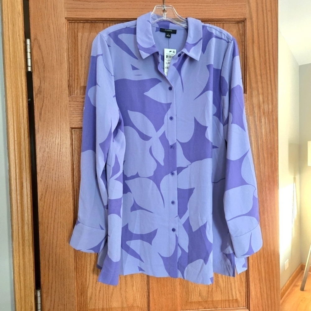 Womens ALFANI button Dawn Serene Floral Purple Blouse Size Large